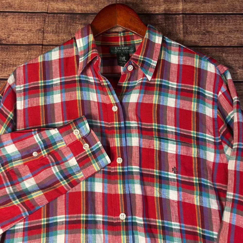 Lauren Ralph Lauren Womens Large 100% Linen Red Plaid Roll Tab Button Up Shirt